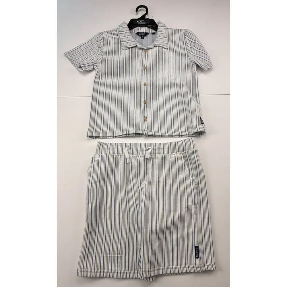 NWT Ben Sherman Boys 2 Piece Set Striped Button Up Shirt Shorts Outfit Gray Blue
